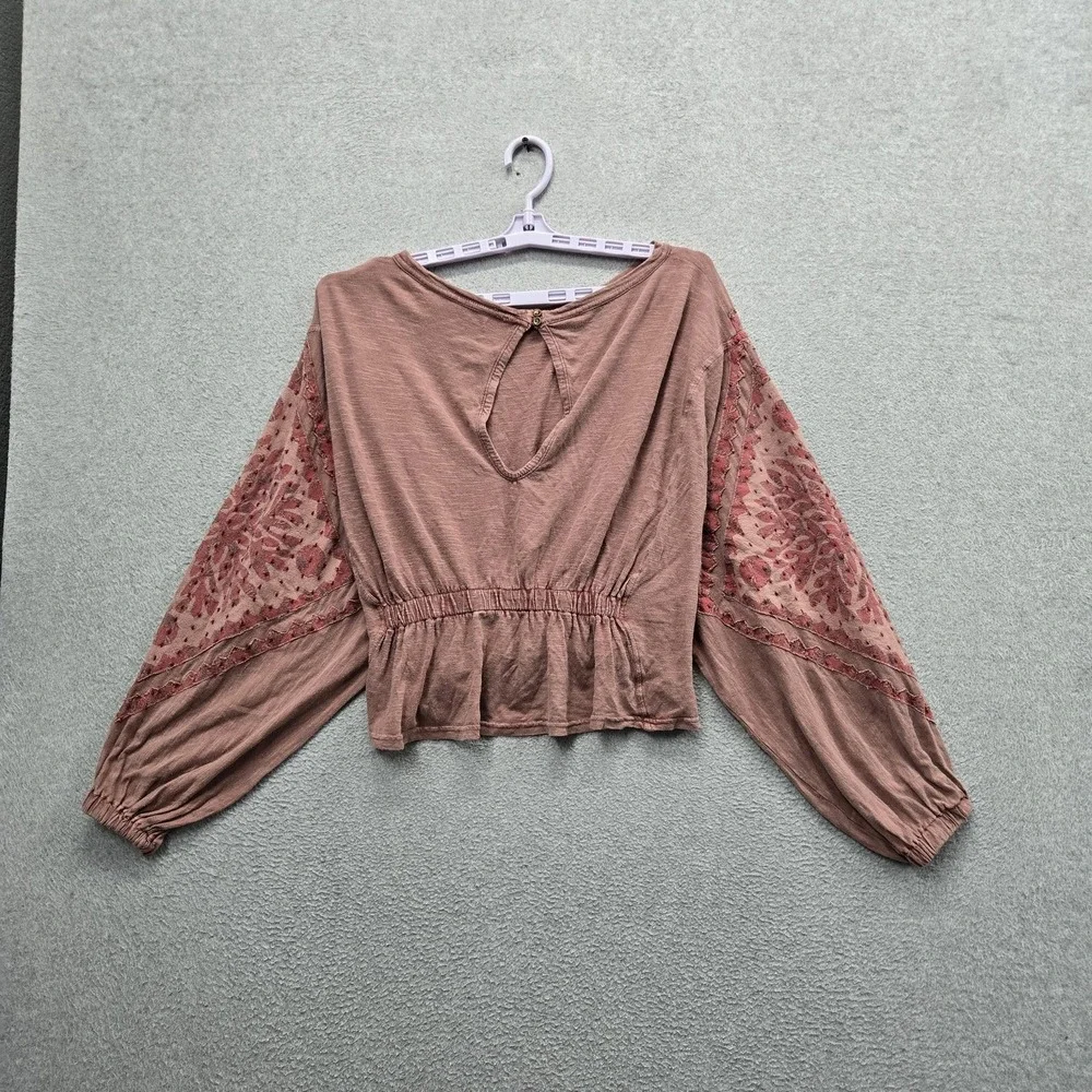 Free People Women Blouse S Mauve Floral Peplum Lace Embroidered Scoop Cropped
